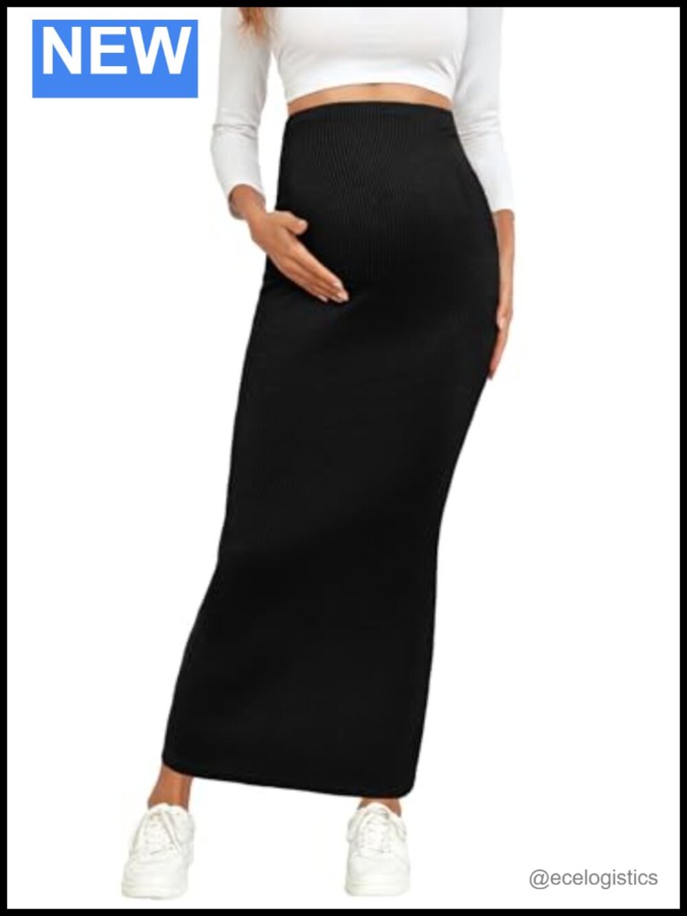 Maternity Rib Knit Maxi Skirt Over The Belly Adjustable Waist Stretchy Long